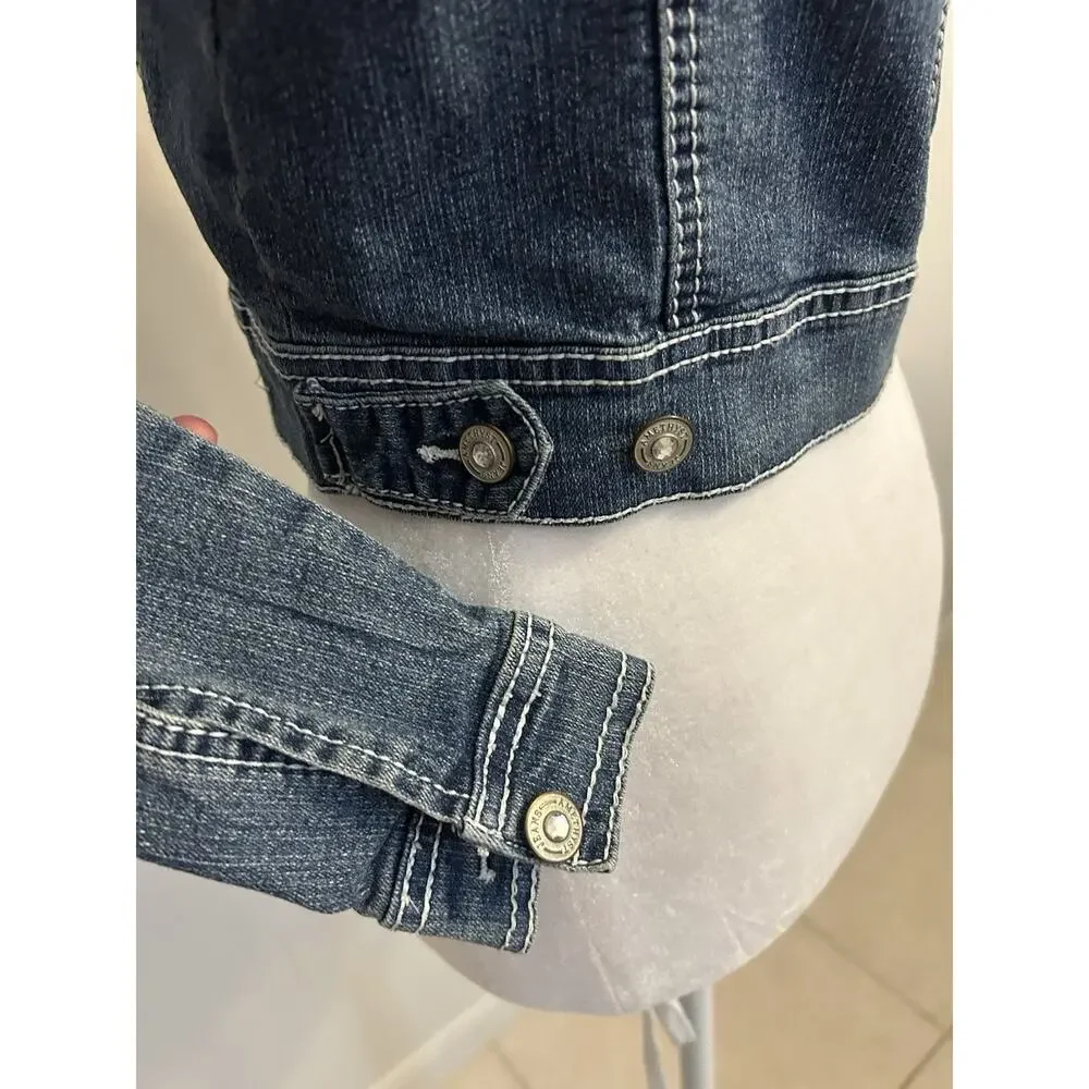 Y2K Cropped Jean Jacket Women's S Western Rhinestone Bling Sexy Hipster Country
